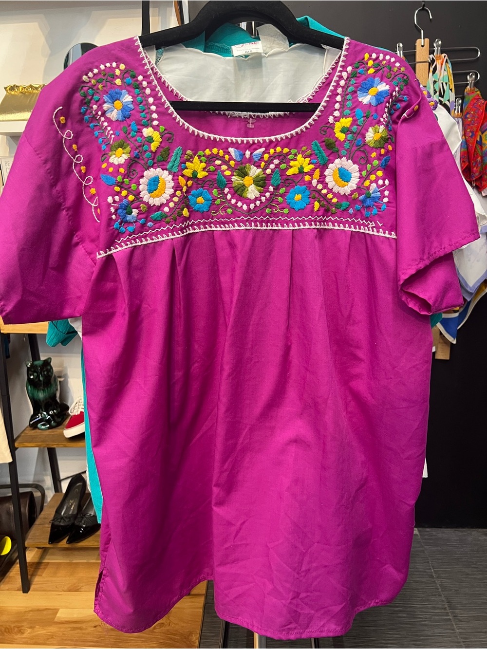 Vintage Oaxacan Embroidered Floral Peasant Top in Magenta XL